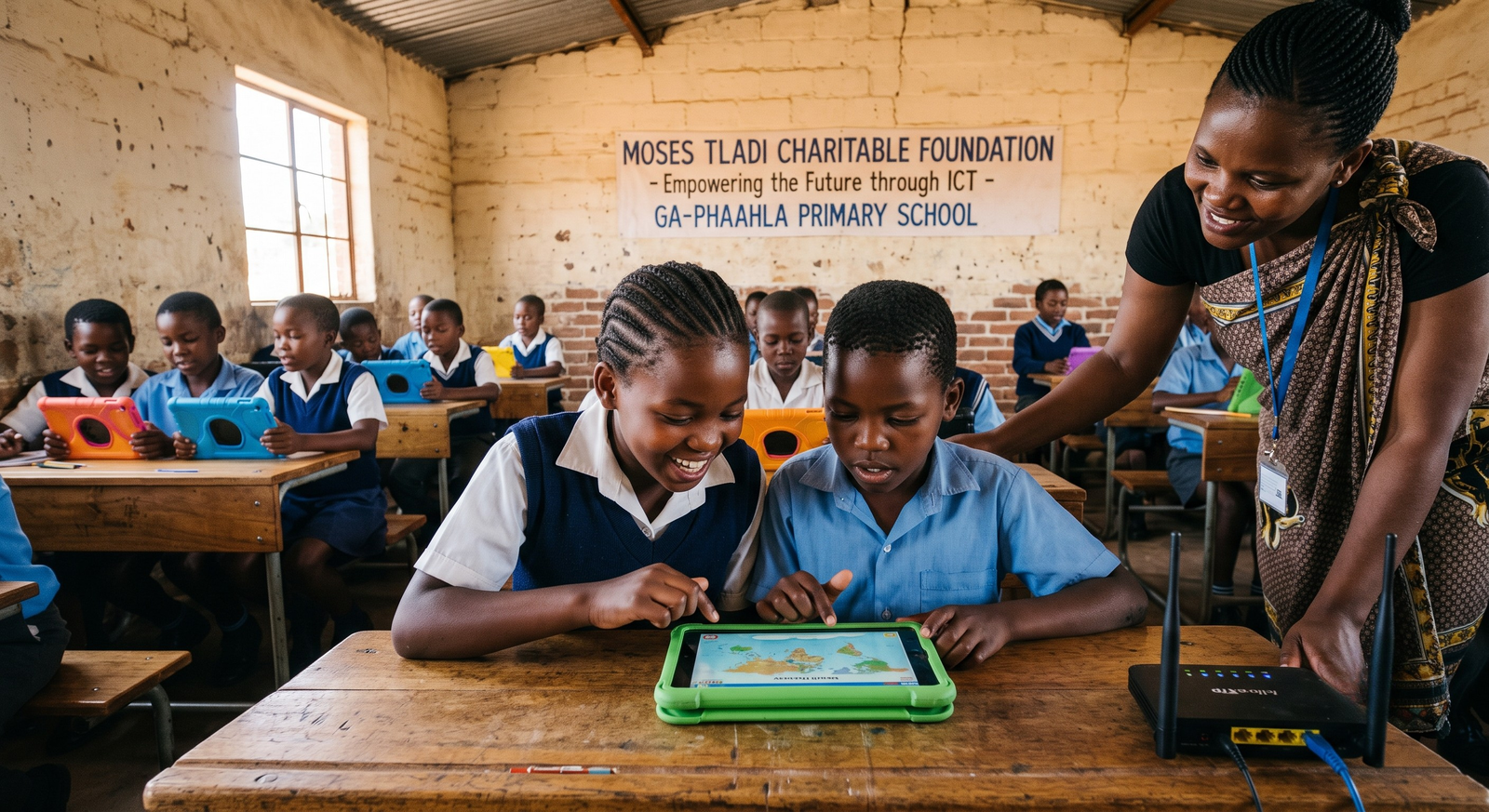 South African children collaborating around digital tablets in a classroom